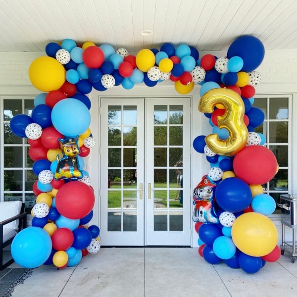 Entryway full balloon arch wrap in Paw Patrol theme by Just Peachy in Little Rock, Arkansas.