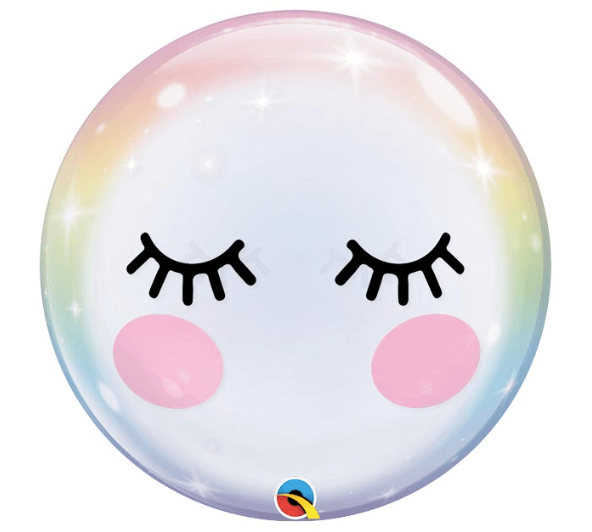 Product image for transparent bubble helium balloon with pastel accents, eyelashes and rosy cheeks, 22 inch sphere, from Just Peachy in Little Rock, Arkansas.