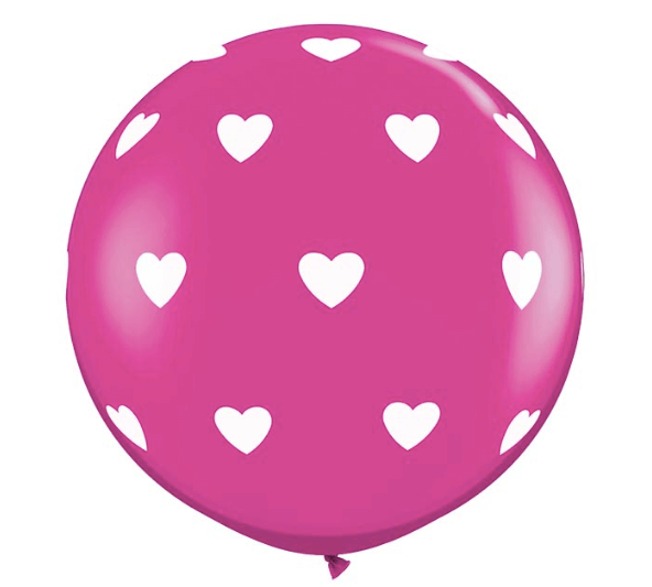 Product image for giant latex wild berry colored helium balloon with white hearts, 36 inches tall, from Just Peachy in Little Rock, Arkansas.