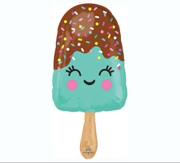 Popsicle helium mylar balloon, teal with smiley face and rosy cheeks, rainbow sprinkles and chocolate, 35 inches tall, from Just Peachy in Little Rock, Arkansas.
