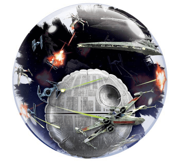 Product image for photorealistic Star Wars Death Star mylar helium balloon, 24 inches tall, from Just Peachy in Little Rock, Arkansas.
