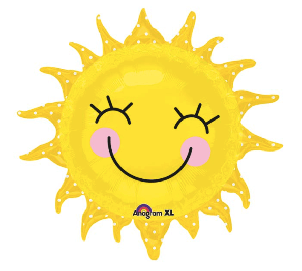 Product image for yellow sunshine mylar helium balloon with smiley face, 29 inches tall, from Just Peachy in Little Rock, Arkansas.