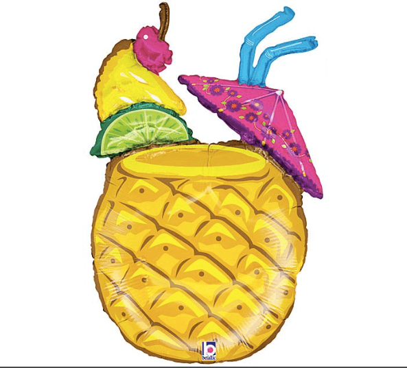 Product image for a tropical drink in a pineapple cup mylar helium balloon with fruit garnish and a pink umbrella, 37 inches tall, from Just Peachy in Little Rock, Arkansas.