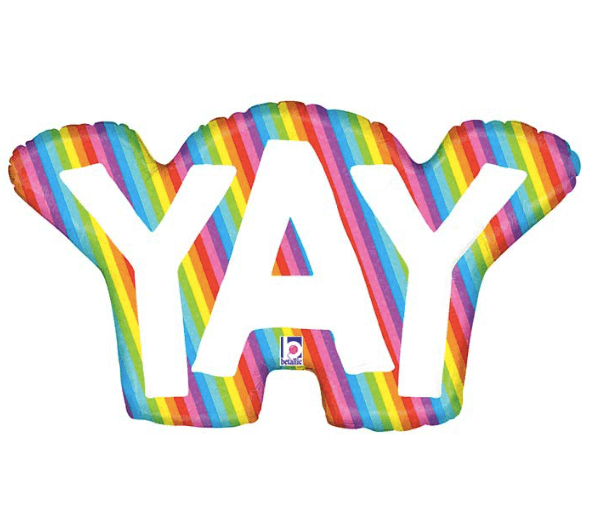 Product image for mylar helium balloon, the word YAY with rainbow edge, 34 inches tall, from Just Peachy in Little Rock, Arkansas.