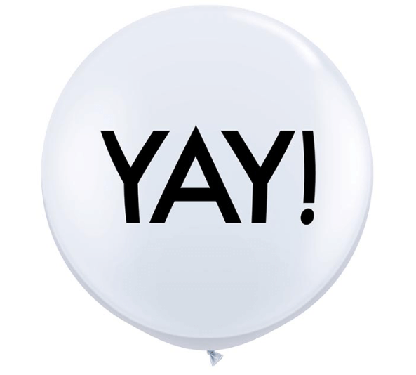 Product image for white giant latex helium balloon containing the word YAY! in black text, 34 inches tall, from Just Peachy in Little Rock, Arkansas.