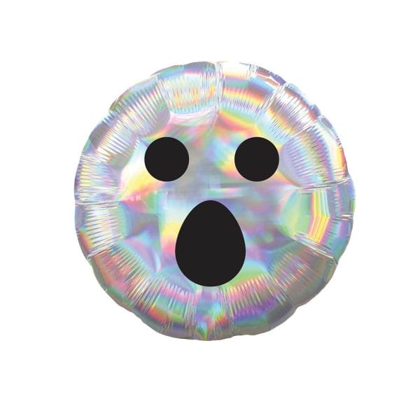Silver holographic foil round ghost face halloween balloon for helium bundles or balloon installations from Just Peachy.
