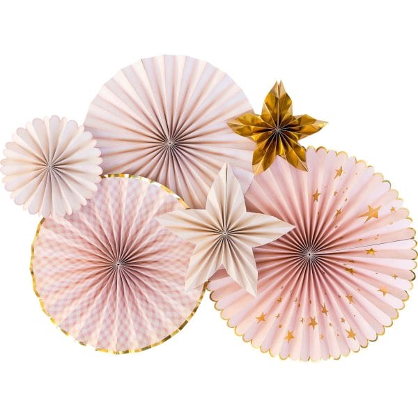 Blush pink fans with cream and gold accents make gorgeous party decorations; get yours from Just Peachy.