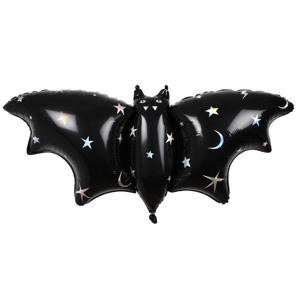 Giant black bat with silver holographic foil highlights Halloween mylar balloon for helium bundles or balloon installations from Just Peachy.