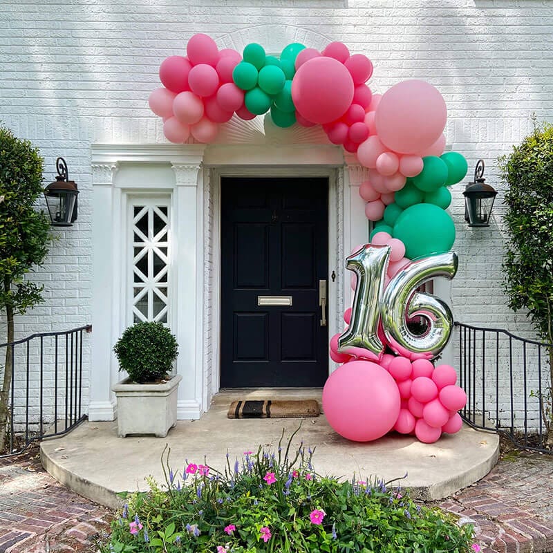 Party on your porch with a birthday balloon arch over your front door - add large silver numbers with Just Peachy in Little Rock, Arkansas.