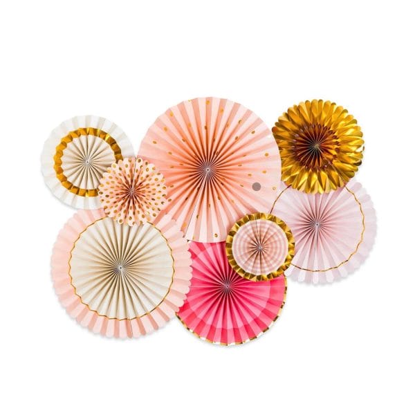 Pink, cream, and gold foil paper fans for your party decor from Just Peachy