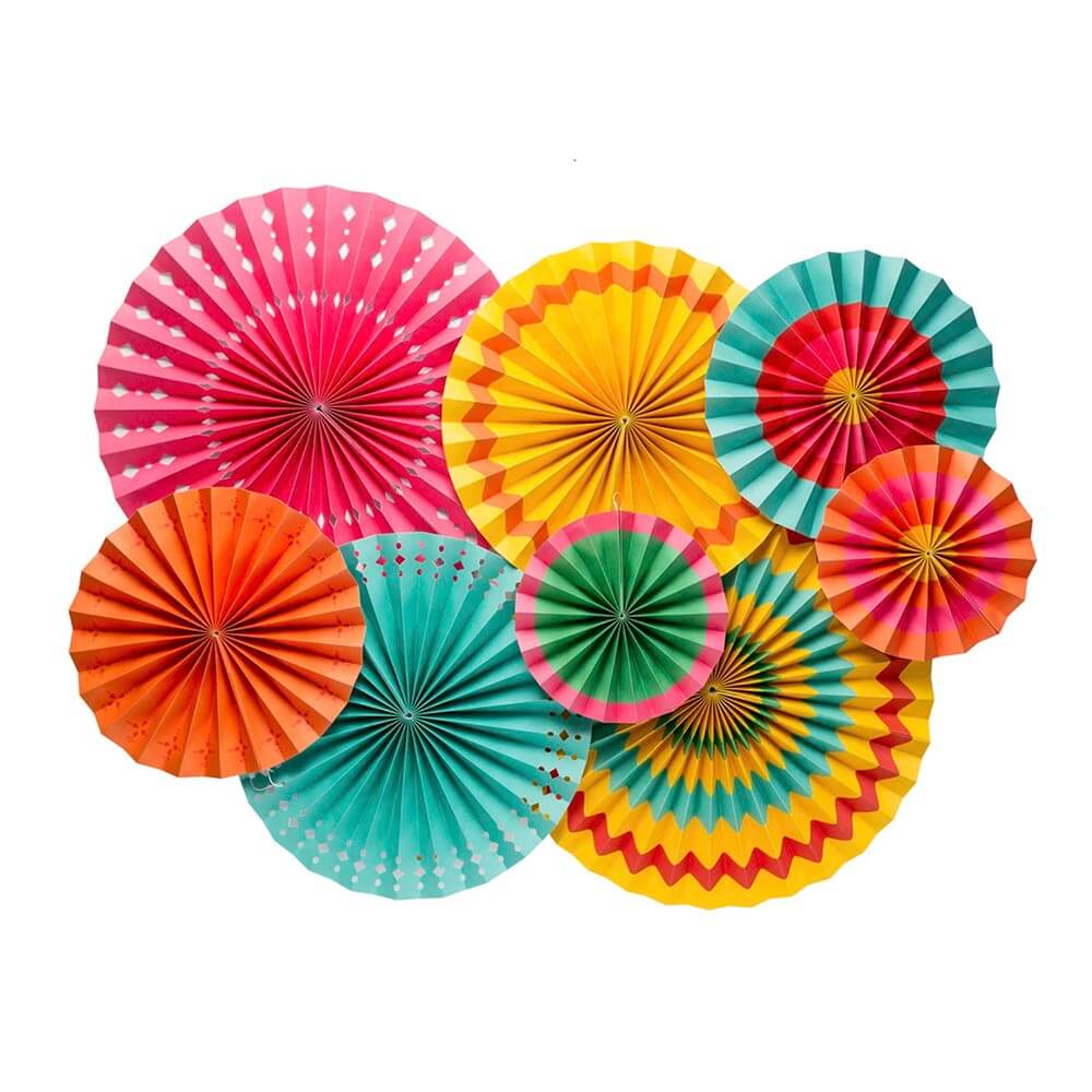 Brightly colored collection of paper fans for wall decorations, available for your party from Just Peachy.