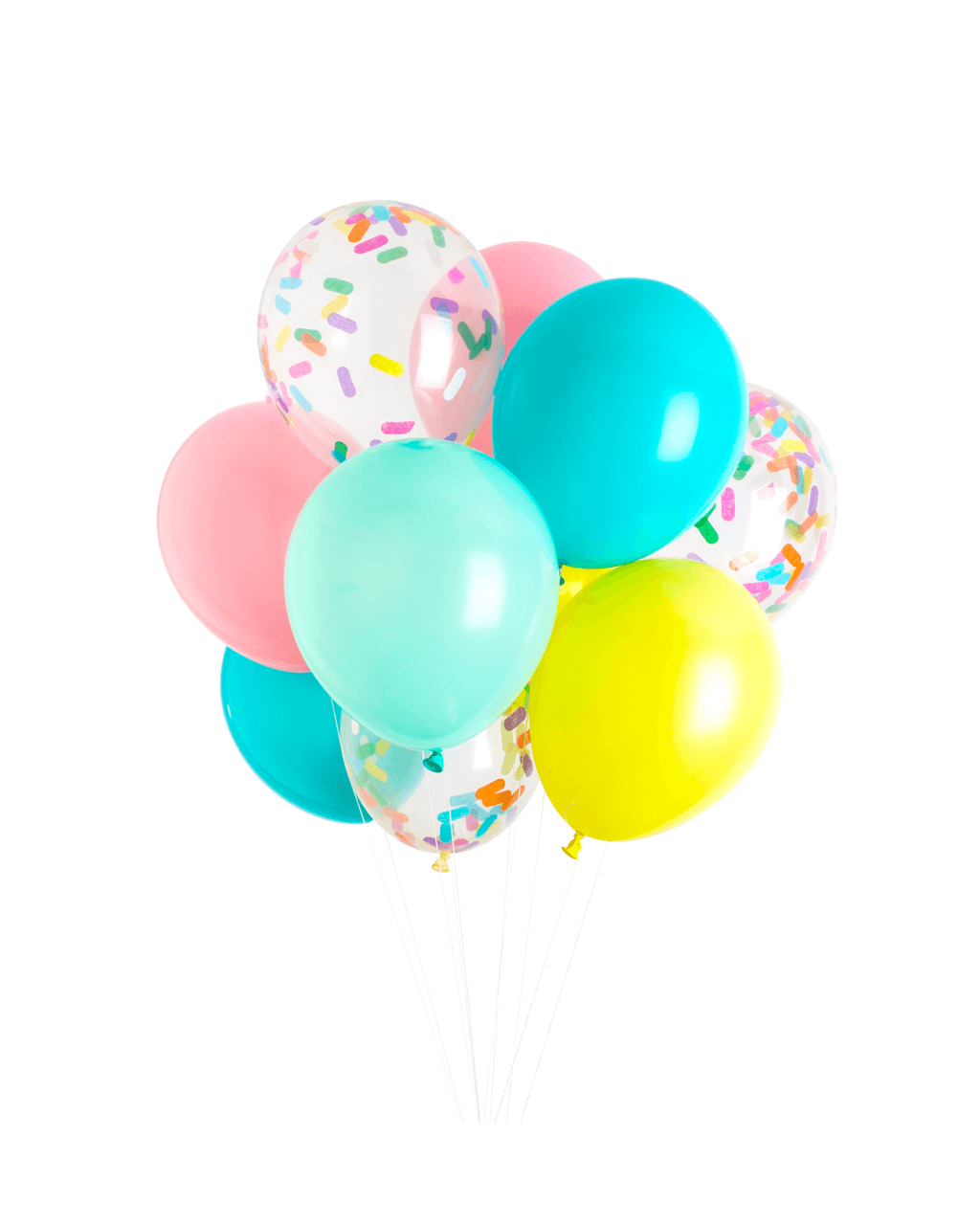 An assortment of colored balloons and clear confetti filled balloons by Studio Pep at Just Peachy.