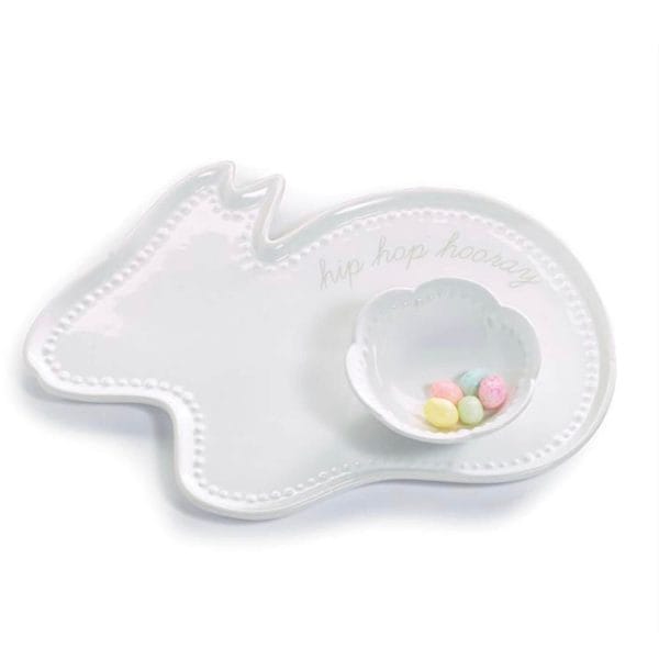 White ceramic bunny shaped chip plate with bunny tail dip dish makes an adorable spring or Easter gift from Just Peachy.