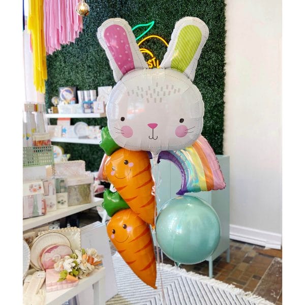 Easter bunny, carrot, pastel rainbow and mint orb balloons make a perfect Easter helium bouquet at Just Peachy.