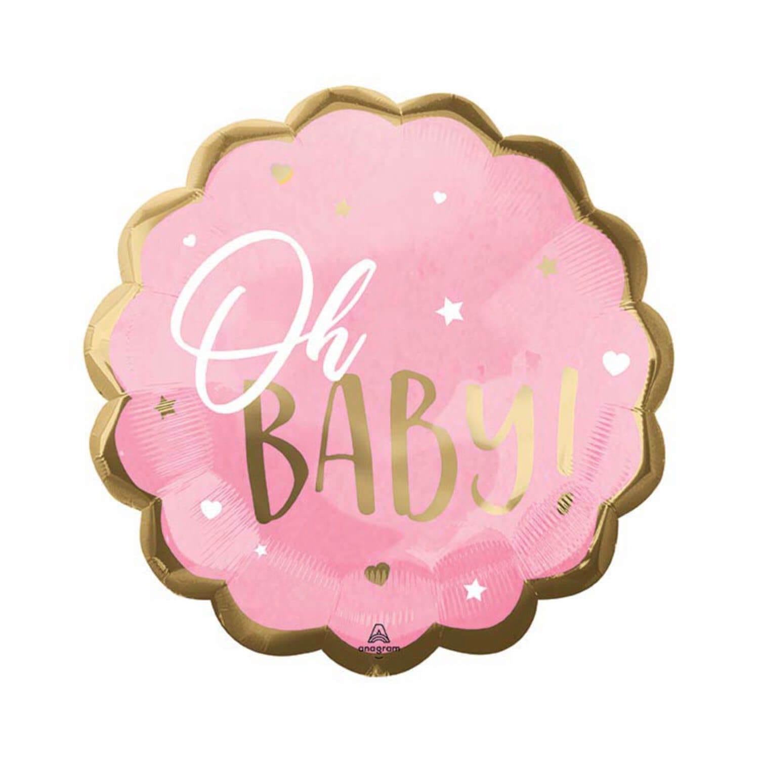 Pink oversized mylar helium balloon with gold script reading “Oh Baby” and a scalloped gold edge for your baby girl from Just Peachy.