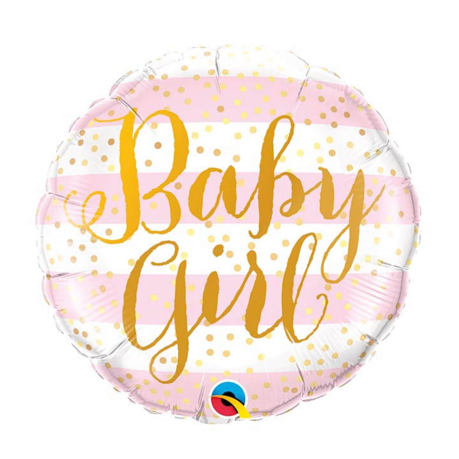 Pink striped mylar foil helium balloon with gold script reading “Baby Girl” for your baby shower from Just Peachy.