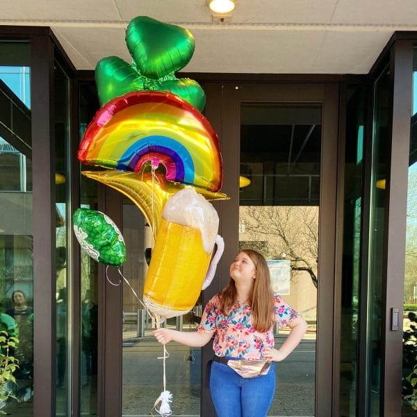 Giant shamrock, rainbow, star, and beer helium balloons for St. Patrick’s day from Just Peachy.