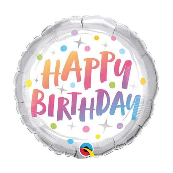 Round white mylar helium balloon with rainbow text reading Happy Birthday available at Just Peachy.