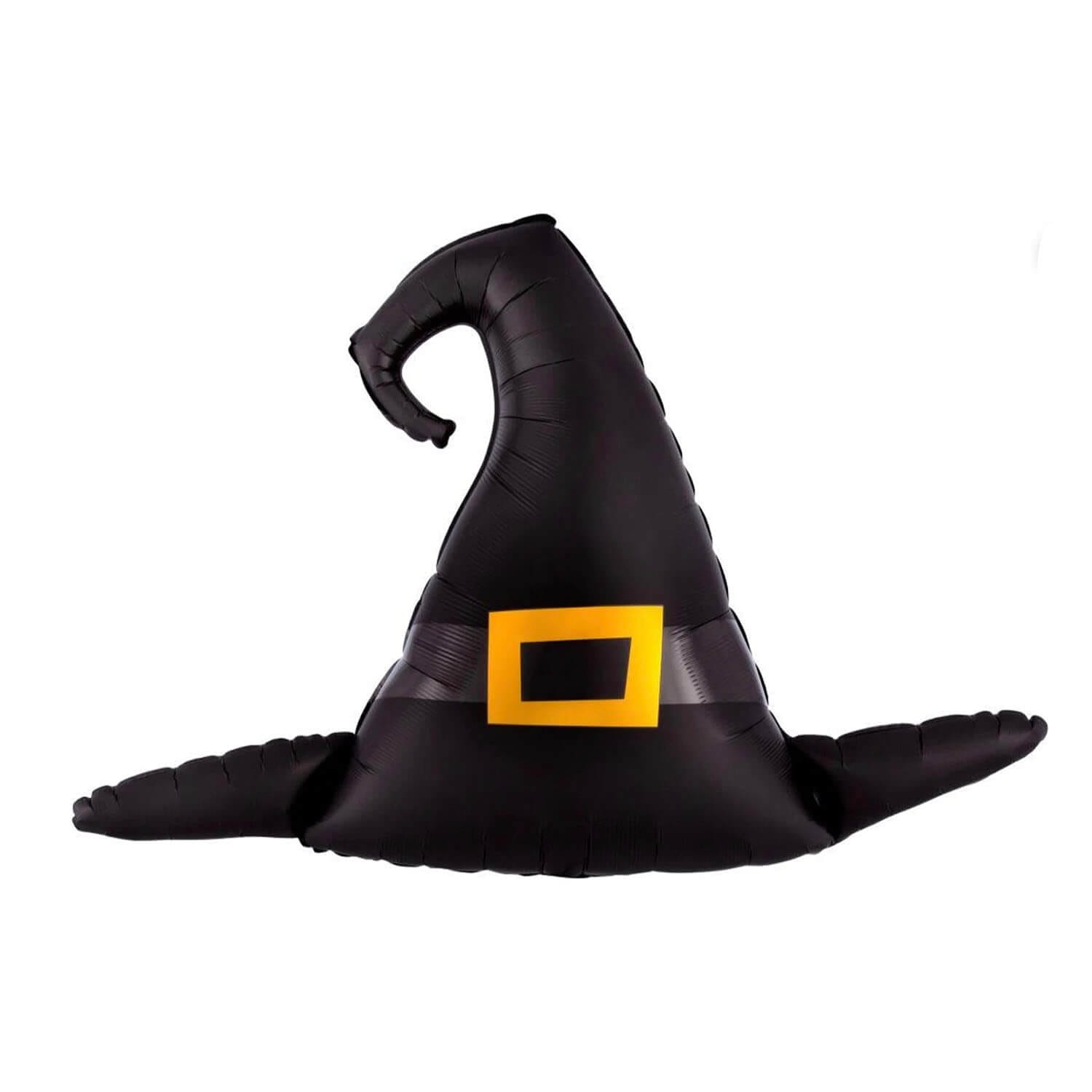 Oversized black satin witch hat mylar balloon with gold buckle for Halloween parties from Just Peachy.