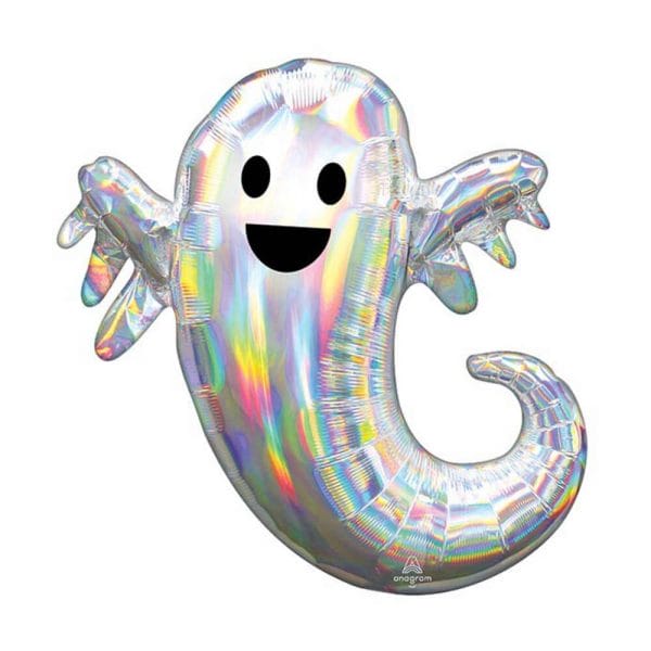 Silver holographic smiling ghost mylar balloon for Halloween festivities from Just Peachy.