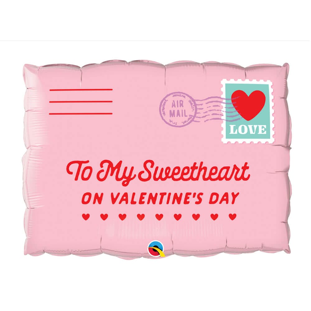 Oversized pink envelope with red script reading “To My Sweetheart” mylar helium balloon available from Just Peachy.