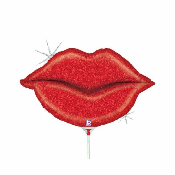 Red glitter lips mylar foil balloon on a plastic stick from Just Peachy.